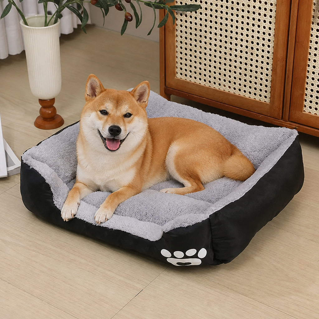 Ortekor Paw-Print Plush Washable Pet Bed (Removable Cover)