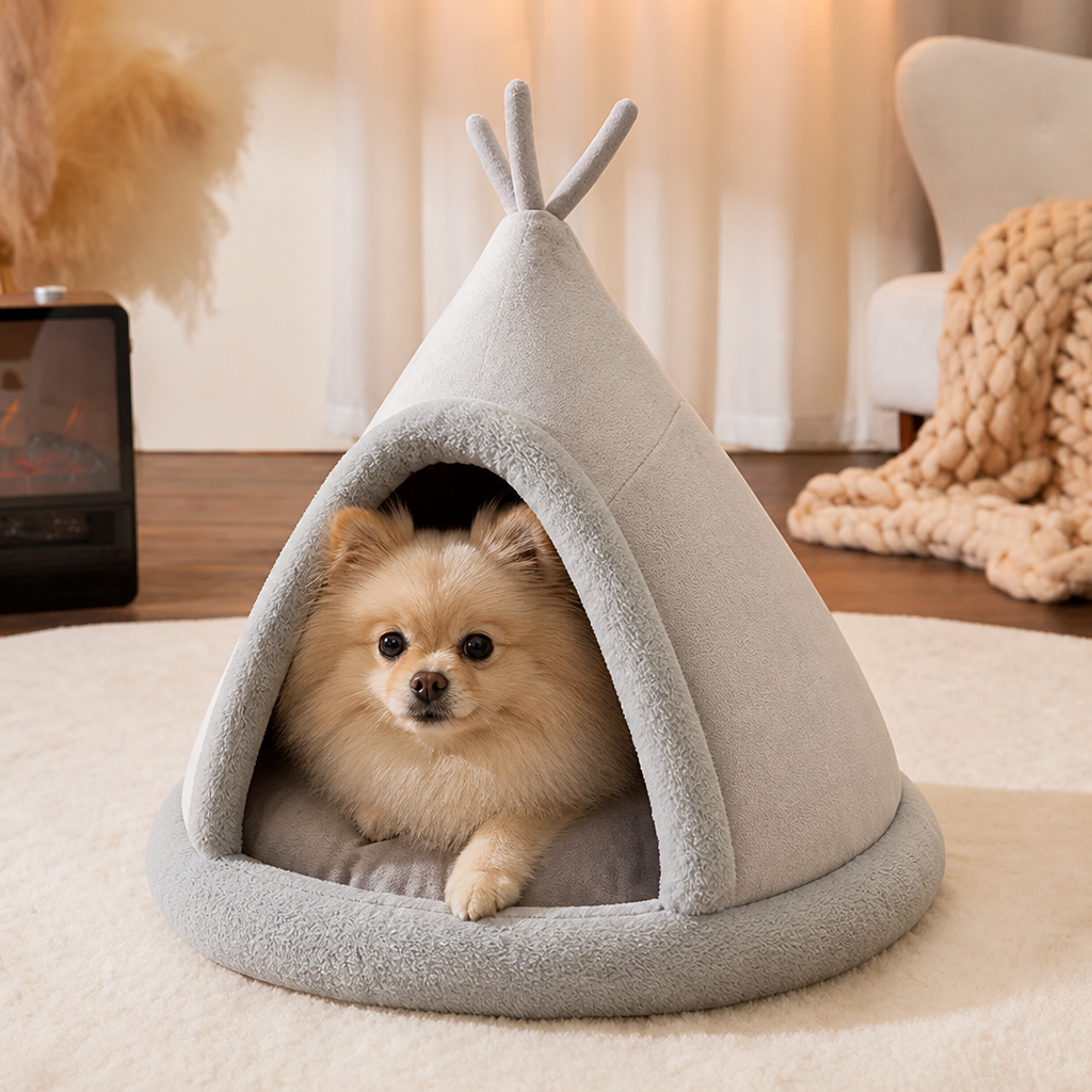 Ortekor Plush Coral Velvet & PP Cotton Pet Teepee