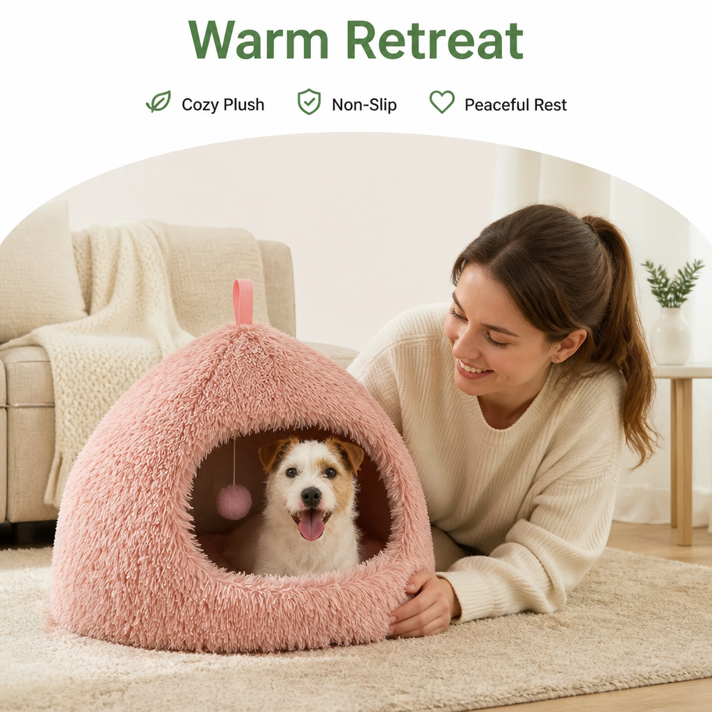 Ortekor Plush Warm Non-Slip Hooded Pet Bed