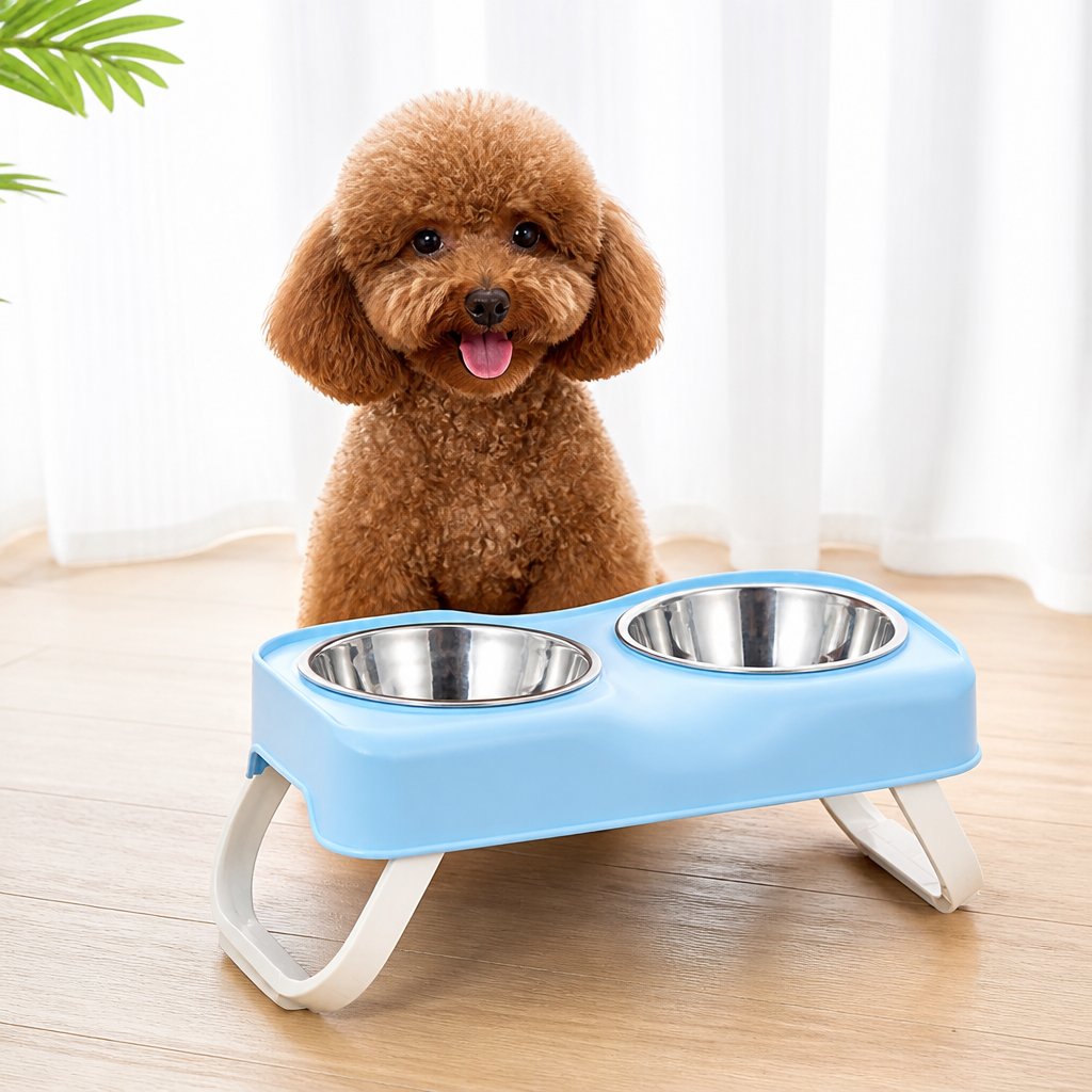 Ortekor Stainless Steel Bowls & Non-Slip Double-Bowl Pet Feeder (Foldable Stand)