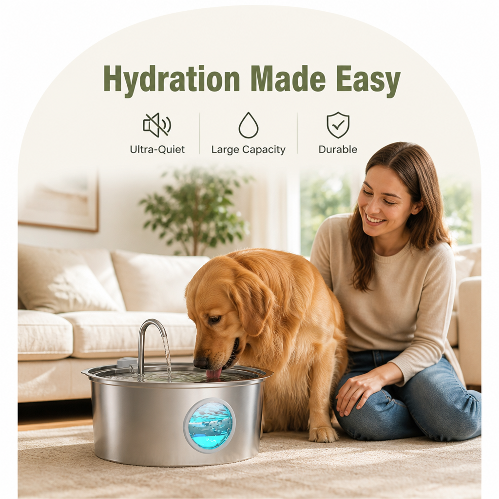 Ortekor Stainless Steel & Ultra-Quiet Large-Capacity Dog Water Fountain