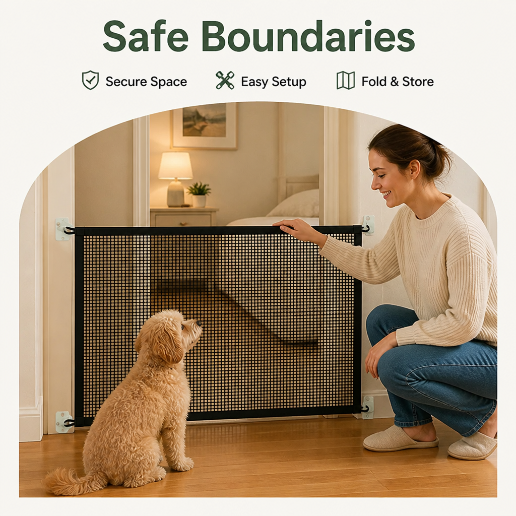 Ortekor Tear-Resistant Nylon Mesh Dog Gate (Adhesive Hooks)