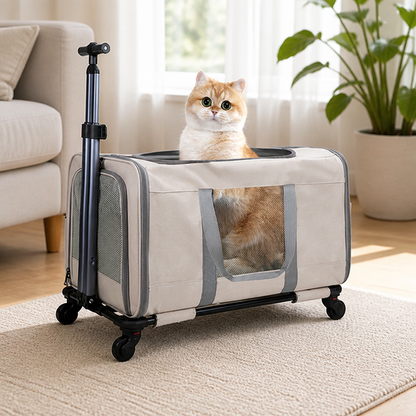 Ortekor Wheeled Trolley & Seatbelt-Secured Cat Carrier (Removable Stand)