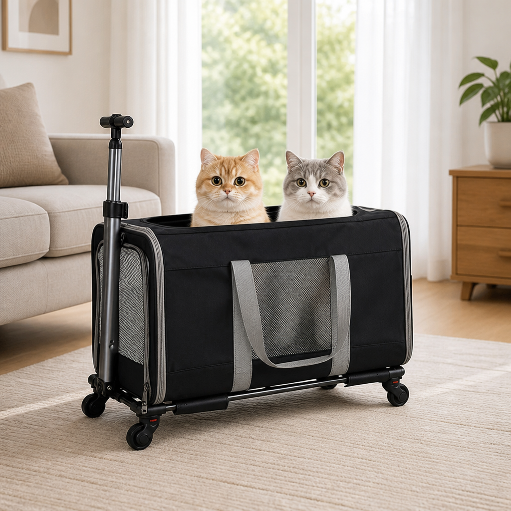 Ortekor Wheeled Trolley & Seatbelt-Secured Cat Carrier (Removable Stand)