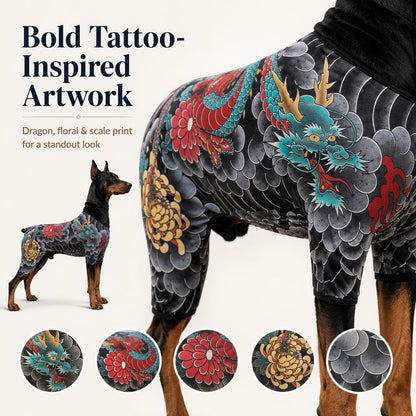Tattoo-Print Soft Stretch Pet Bodysuit (Open Tail)