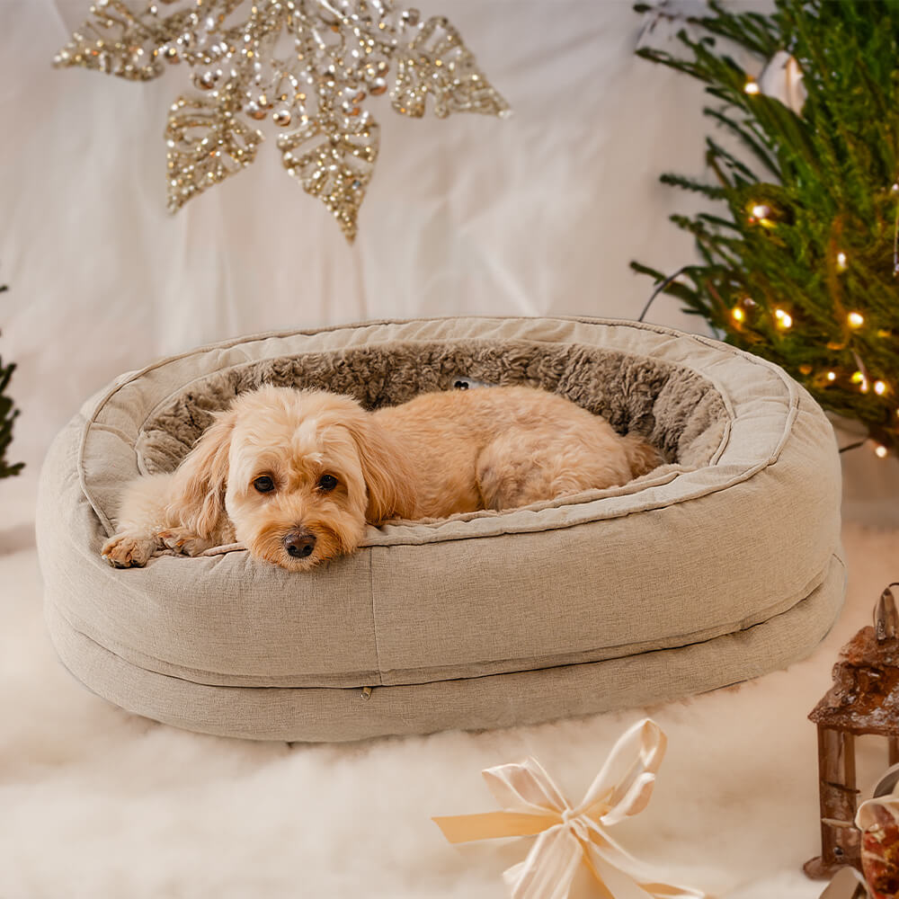 Round Bolster Pet Bed with Orthopedic Foam Support for Dogs | Raised Edge Calming Bed with Machine Washable Cover & Waterproof Liner