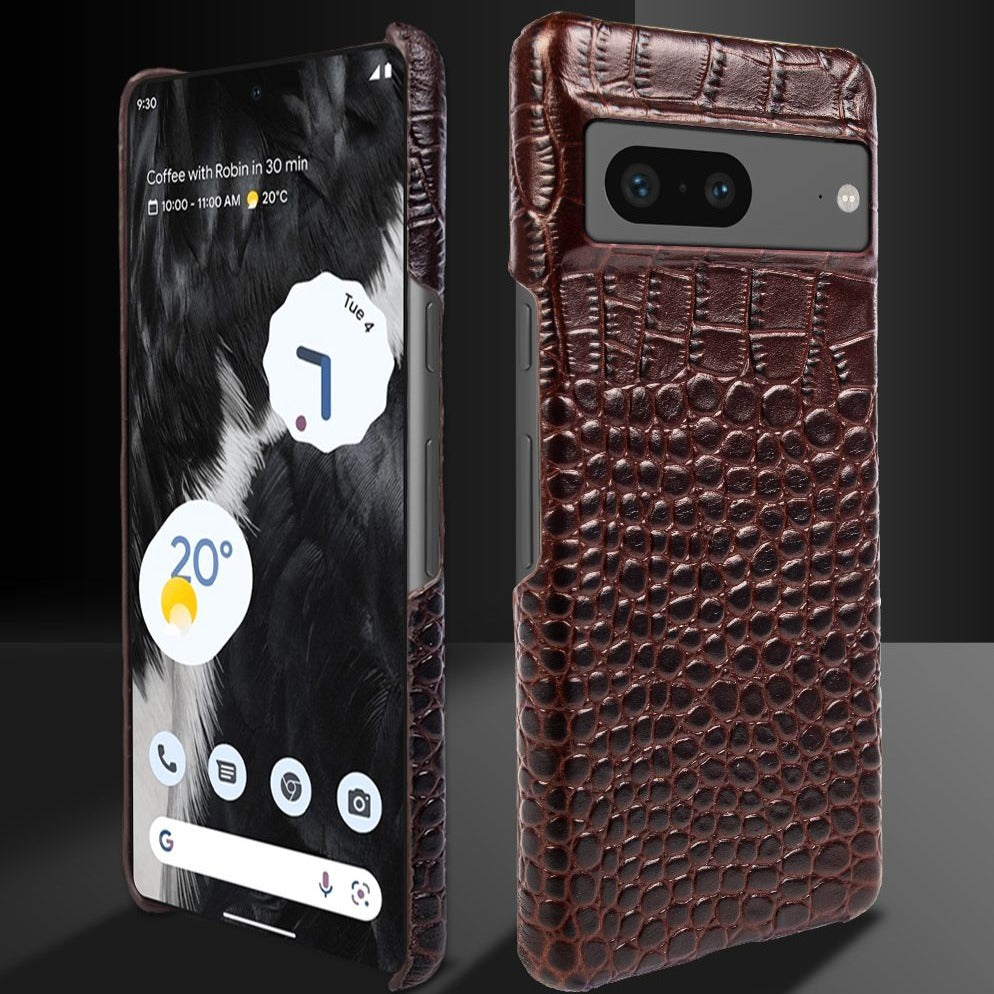 Genuine Leather Phone Case for Google Pixel – Textured Crocodile Grain Design with Raised Edges & Camera Protection