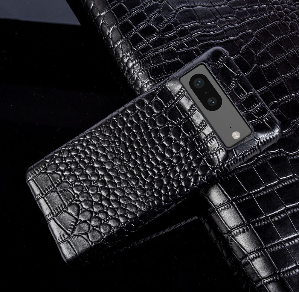 Genuine Leather Phone Case for Google Pixel – Textured Crocodile Grain Design with Raised Edges & Camera Protection