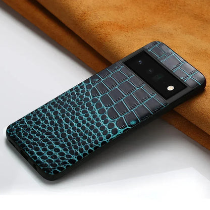 Genuine Leather Phone Case for Google Pixel – Textured Crocodile Grain Design with Raised Edges & Camera Protection