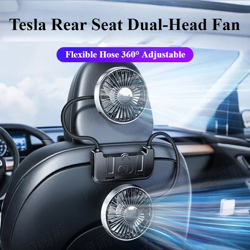 Dual-Head Car Fan | USB-C Powered with 360° Rotation | Adjustable Airflow for Rear Seat Comfort