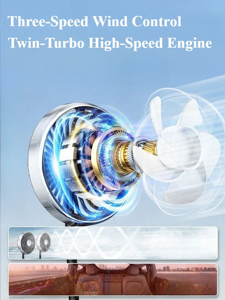 Dual-Head Car Fan | USB-C Powered with 360° Rotation | Adjustable Airflow for Rear Seat Comfort
