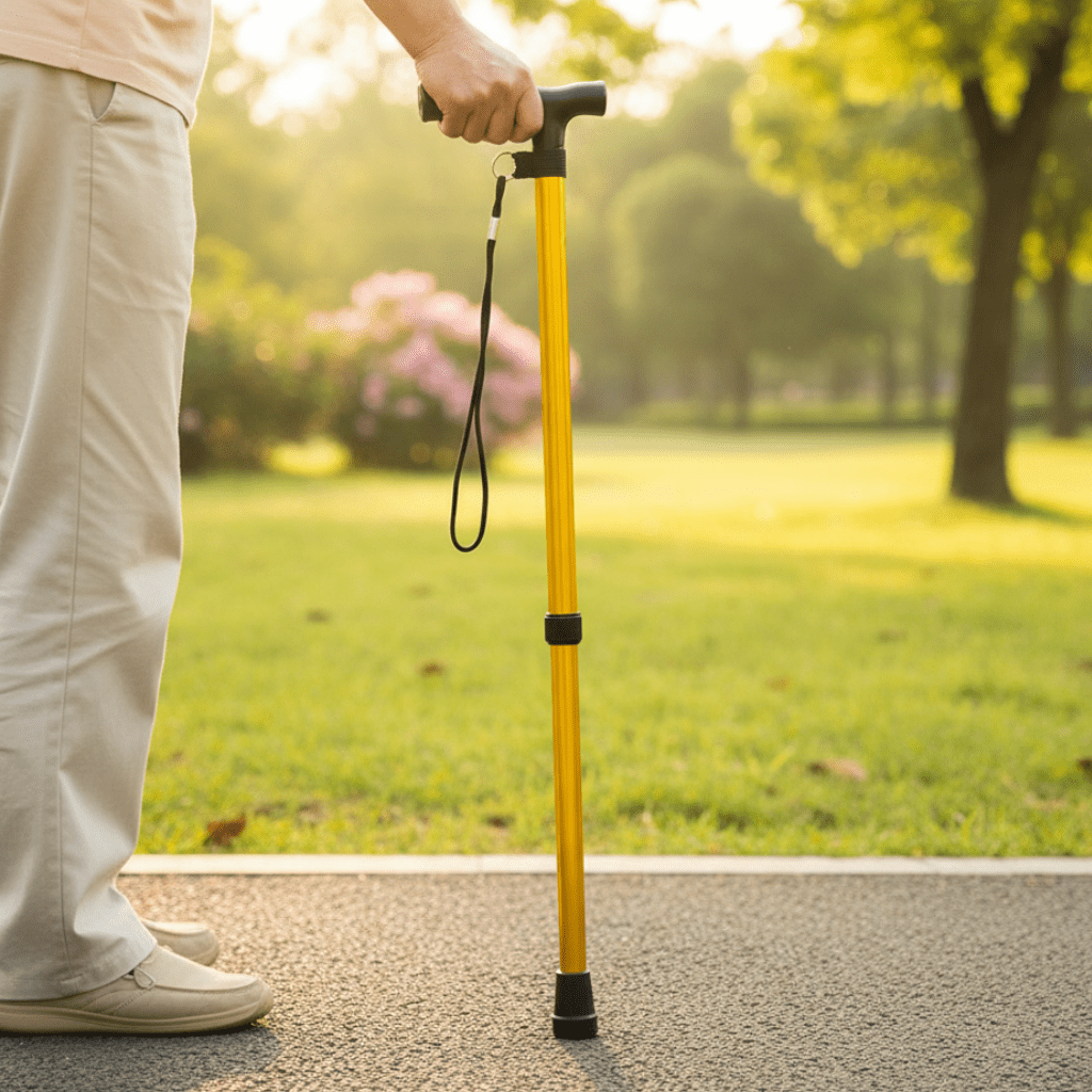 Folding Walking Cane for Seniors – Adjustable Aluminum Support Stick with Ergonomic Handle & Wrist Strap – Lightweight Travel Cane for