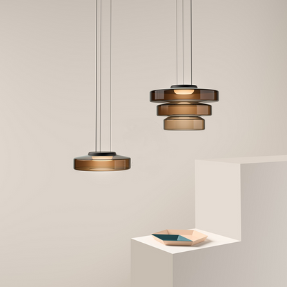 Tiered Glass Hanging Fixture 18 in Amber with Integrated LED for Island Kitchens Dining Areas Living Spaces Modern Minimalist Bauhaus-Inspir