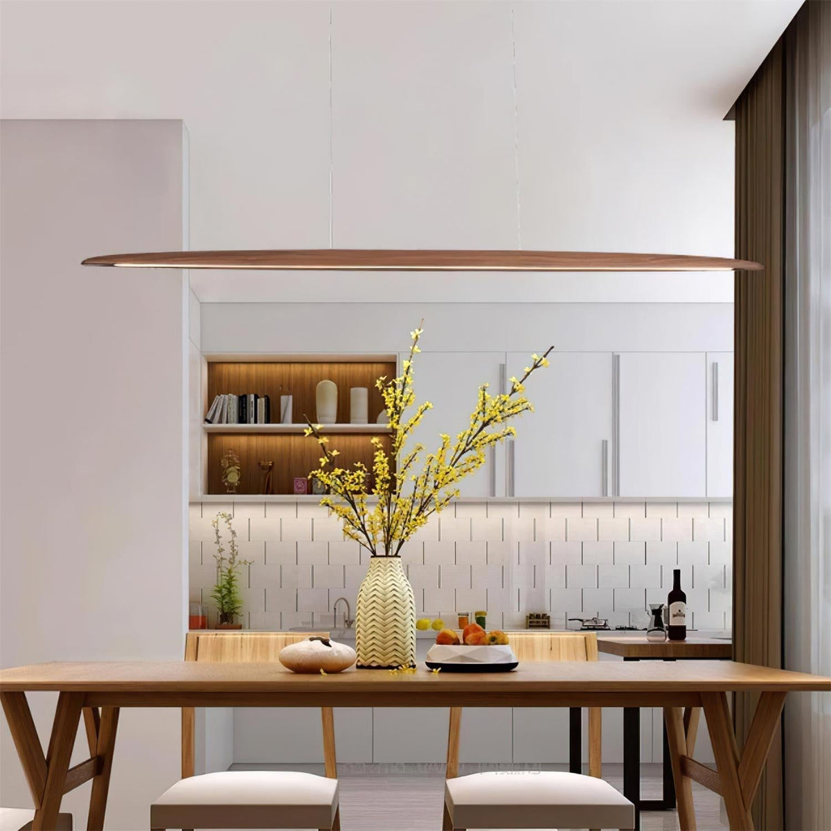 Linear Wood Ceiling Light Fixture with Built-In LED Warm Glow for Kitchen Island Dining Room Office Adjustable Height Bar Lamp Modern Farmho
