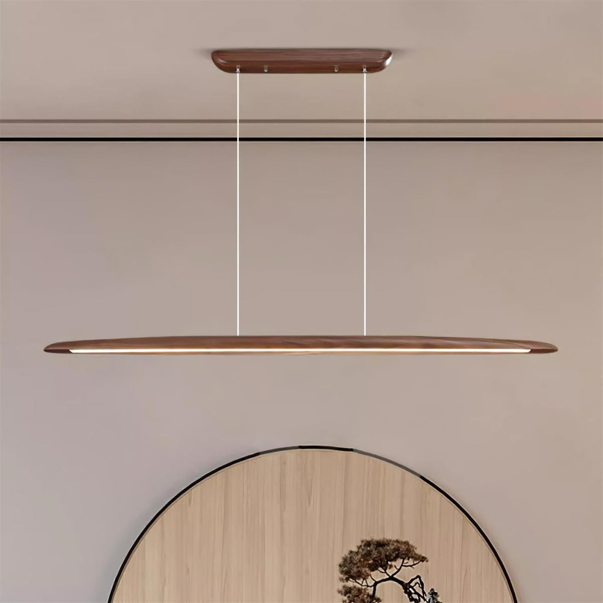 Linear Wood Ceiling Light Fixture with Built-In LED Warm Glow for Kitchen Island Dining Room Office Adjustable Height Bar Lamp Modern Farmho