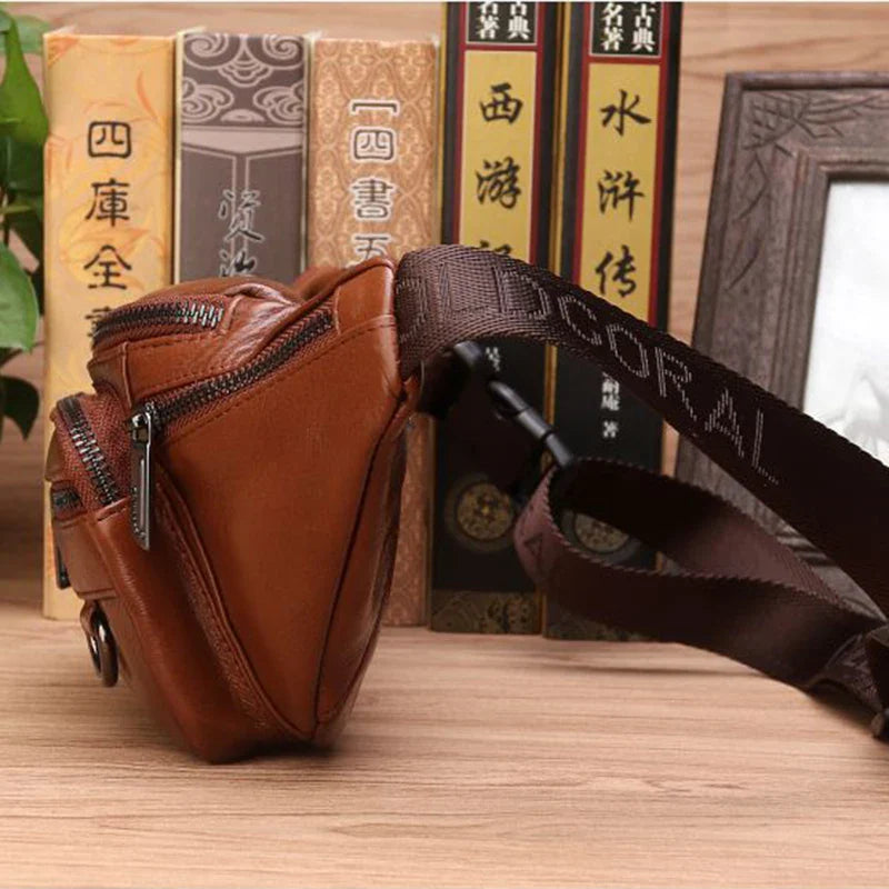 Genuine Leather Crossbody Bag, Cowhide Leather Waist Bag for Men, Adjustable Leather Shoulder Bag for Travel