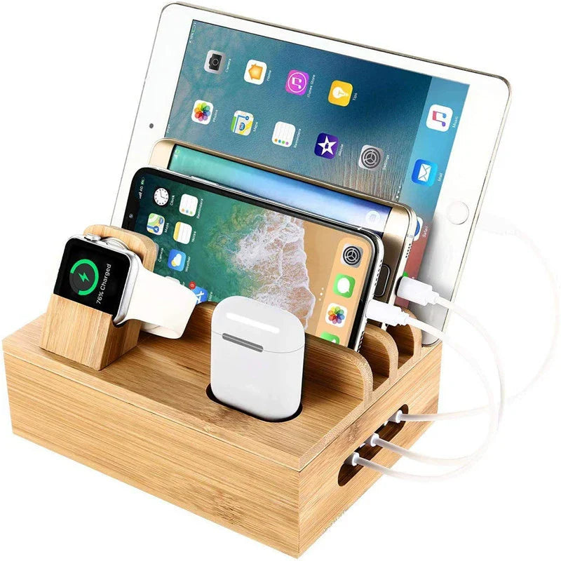 Eco-Friendly Bamboo Charging Station | 5-Port USB Hub with Cable Management for Organized Charging