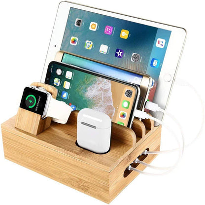 Eco-Friendly Bamboo Charging Station | 5-Port USB Hub with Cable Management for Organized Charging