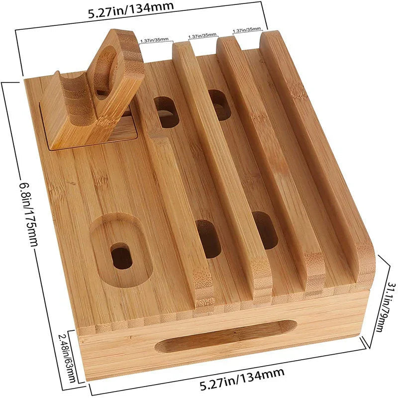 Eco-Friendly Bamboo Charging Station | 5-Port USB Organizer with Smartwatch & Earbuds Holders for Efficient Device Management