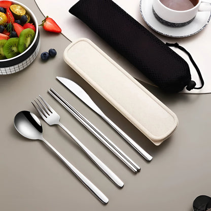 Reusable Flatware Set with Carrying Pouch for Work, Camping & Lunch | 4-Piece Metal Dining Kit