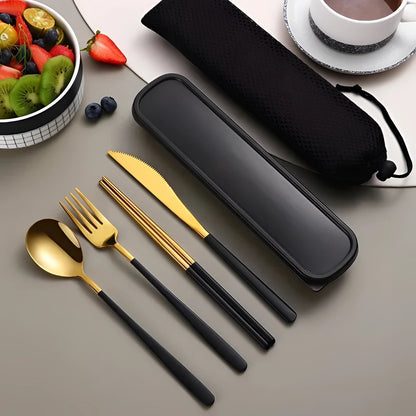 Reusable Flatware Set with Carrying Pouch for Work, Camping & Lunch | 4-Piece Metal Dining Kit