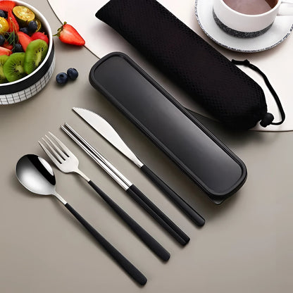 Reusable Flatware Set with Carrying Pouch for Work, Camping & Lunch | 4-Piece Metal Dining Kit