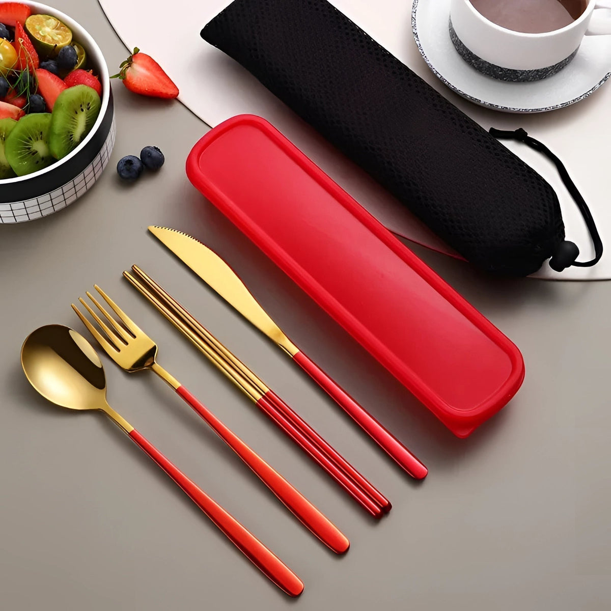 Reusable Flatware Set with Carrying Pouch for Work, Camping & Lunch | 4-Piece Metal Dining Kit