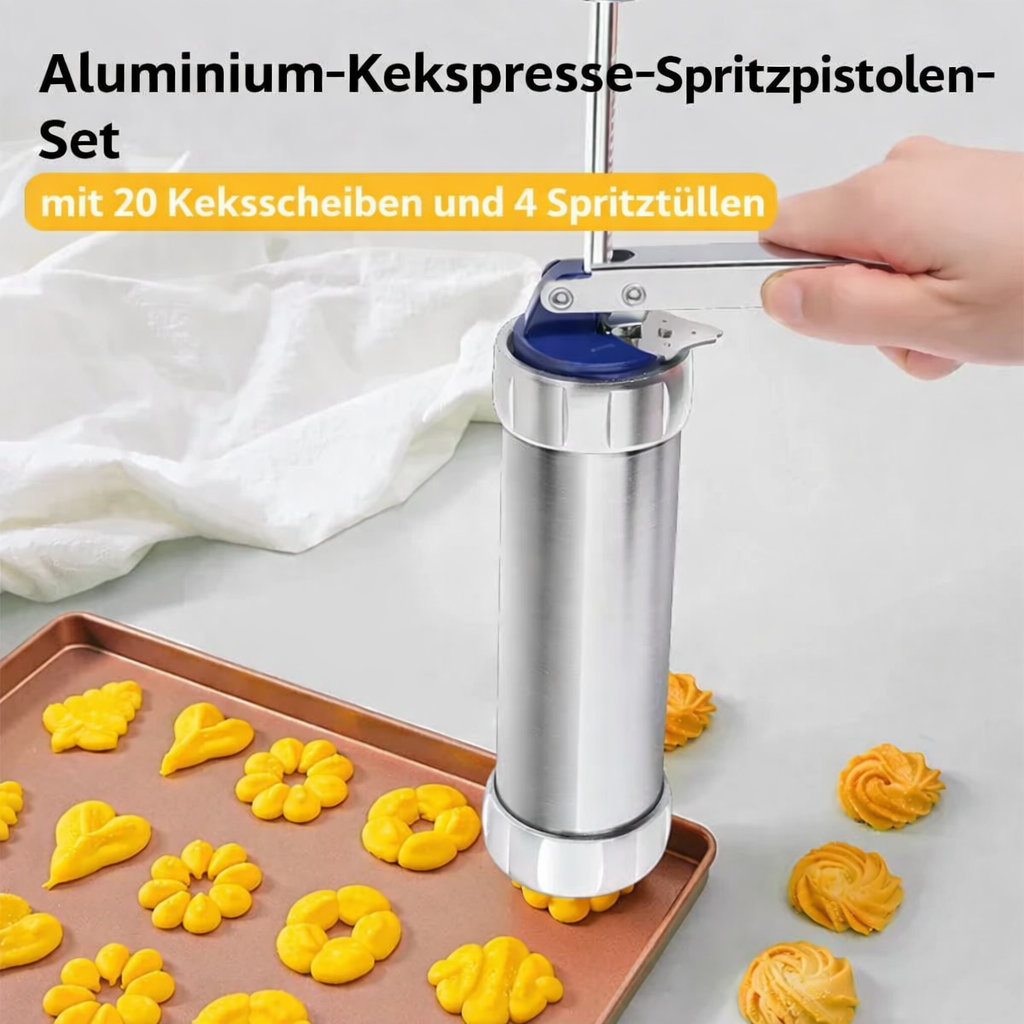 Cookie Press with 20 Shapes and 4 Nozzles Stainless Steel Dough Dispenser for Uniform Homemade Cookies Spritz Maker with Ergonomic Grip for