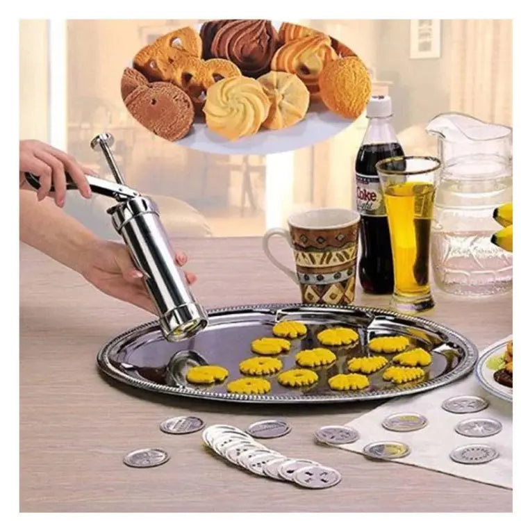 Cookie Press with 20 Shapes and 4 Nozzles Stainless Steel Dough Dispenser for Uniform Homemade Cookies Spritz Maker with Ergonomic Grip for