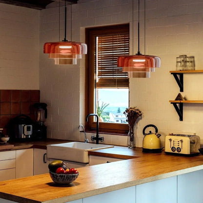 Layered Glass Bowl Ceiling Fixture 10 in Diameter Adjustable Drop Length Multi-Tone Illumination for Kitchens Dining Spaces Living Rooms Mod