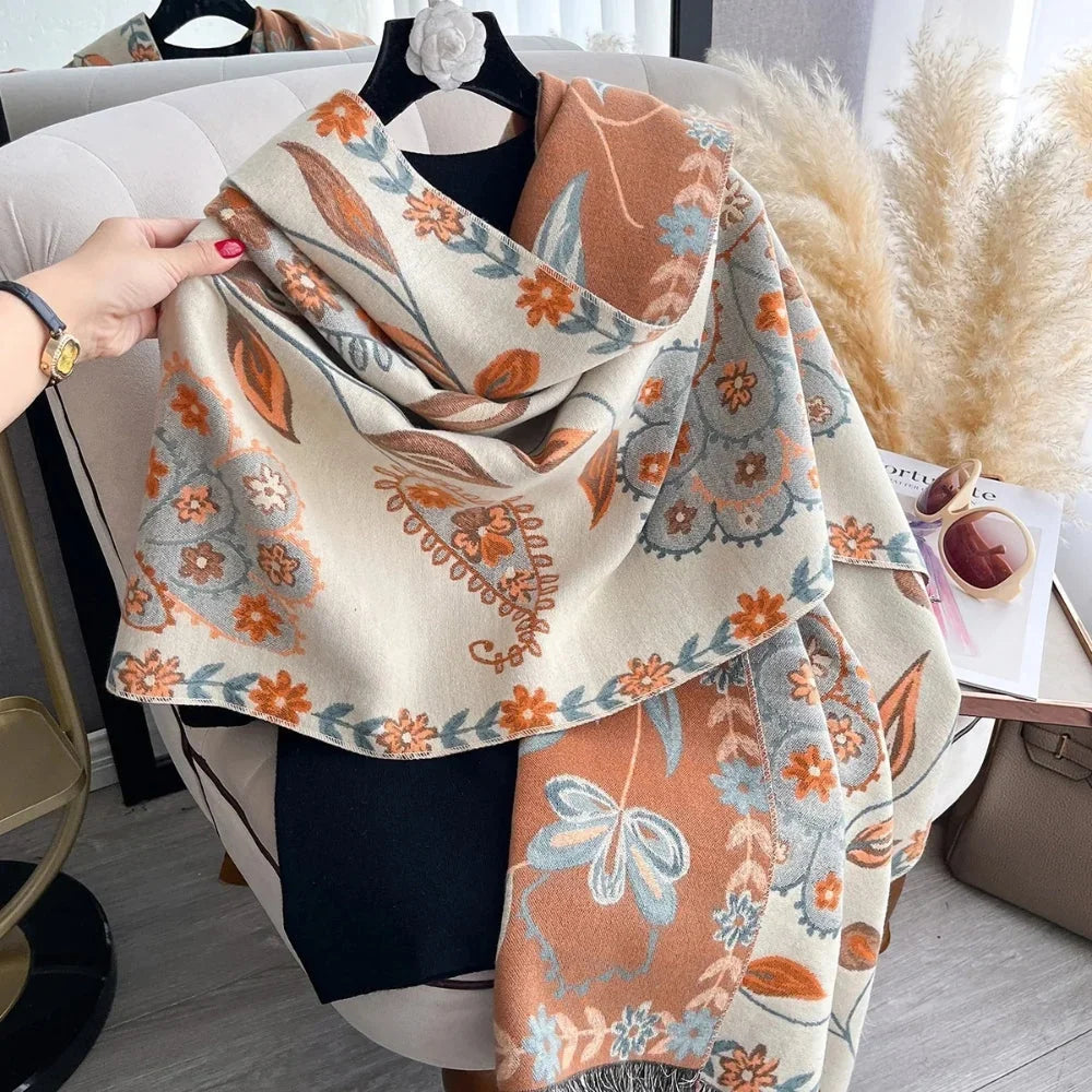 Elara Shawl Scarf - Double-Sided Floral Microfiber, Warm and Stylish