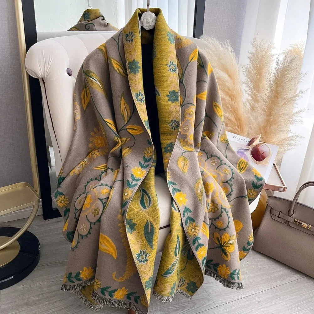 Elara Shawl Scarf - Double-Sided Floral Microfiber, Warm and Stylish