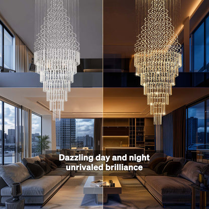 Cascading Crystal Tiered Chandelier for Foyer & Staircase – Adjustable Height Statement Lighting Fixture