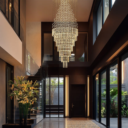 Cascading Crystal Tiered Chandelier for Foyer & Staircase – Adjustable Height Statement Lighting Fixture