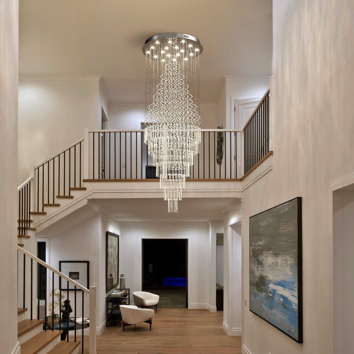 Cascading Crystal Tiered Chandelier for Foyer & Staircase – Adjustable Height Statement Lighting Fixture