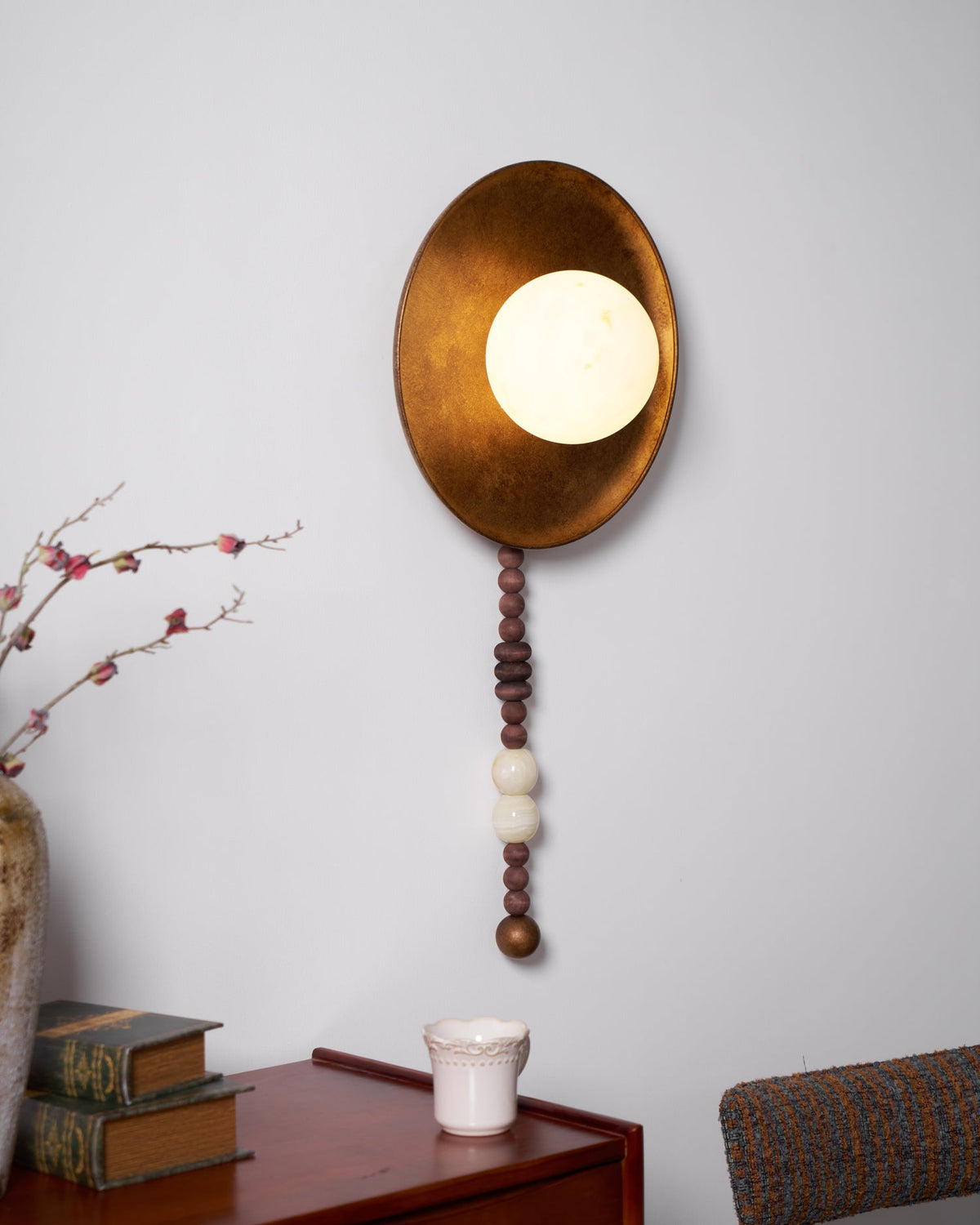 Handcrafted Glass Sconce with Bronze Metalwork and Wood Accents for Cozy Bedroom Hallway Living Room Ambient Fixture 10-Inch or 16-Inch Shad