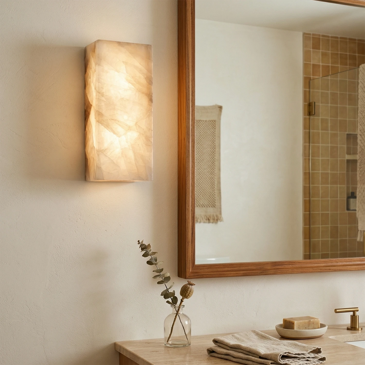 Elegant Alabaster Wall Light Sconce – Modern Transitional Design with Integrated LED for Bathroom and Living Room