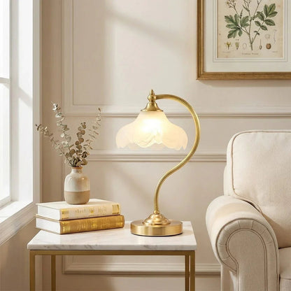 Elegant Brass and Glass Table Lamp with Floral Shade – Ambient Bedroom or Living Room Lighting