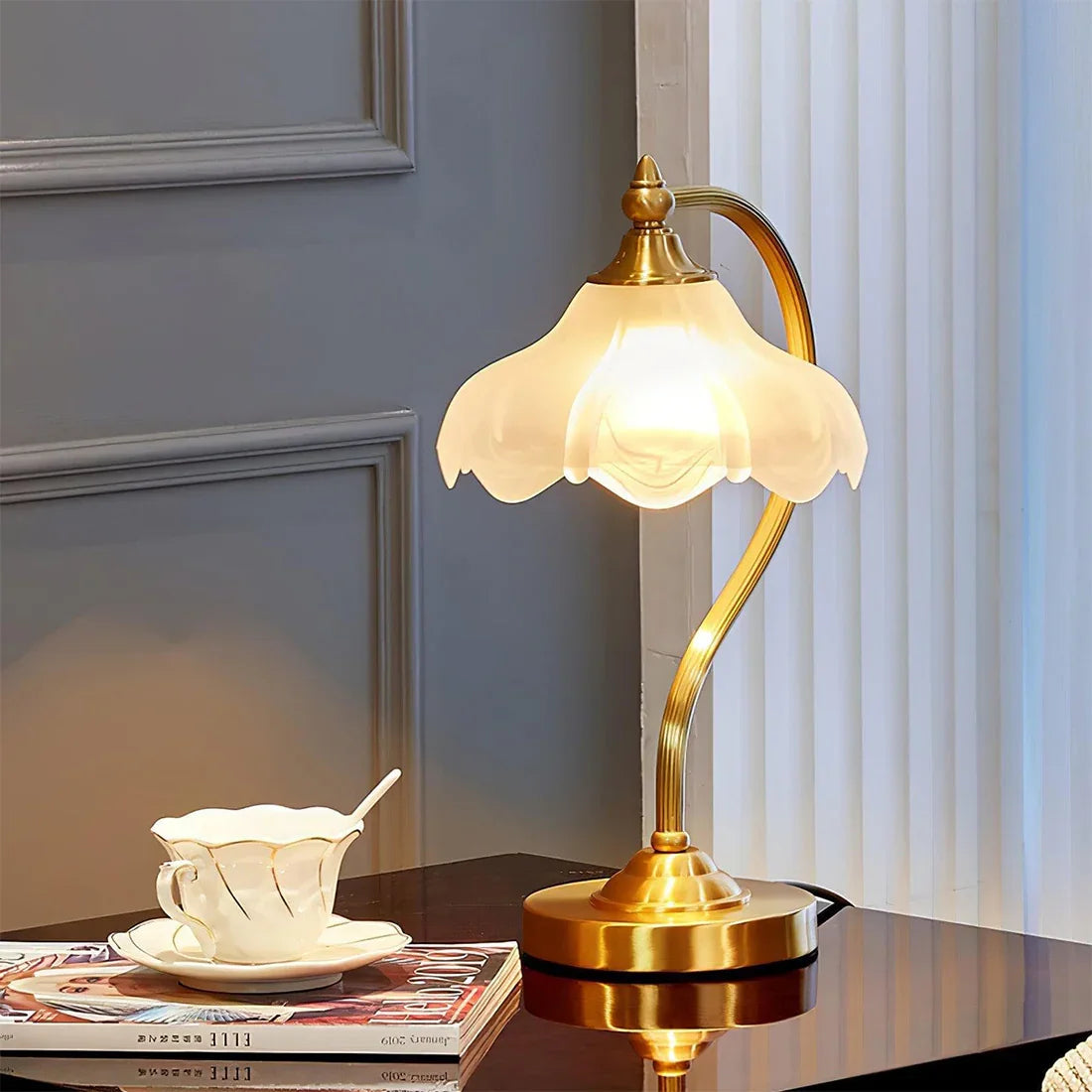 Elegant Brass and Glass Table Lamp with Floral Shade – Ambient Bedroom or Living Room Lighting