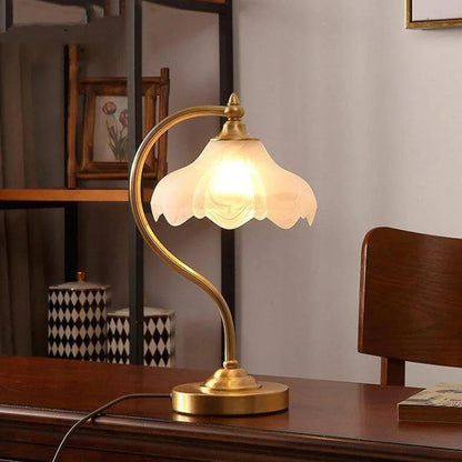 Elegant Brass and Glass Table Lamp with Floral Shade – Ambient Bedroom or Living Room Lighting