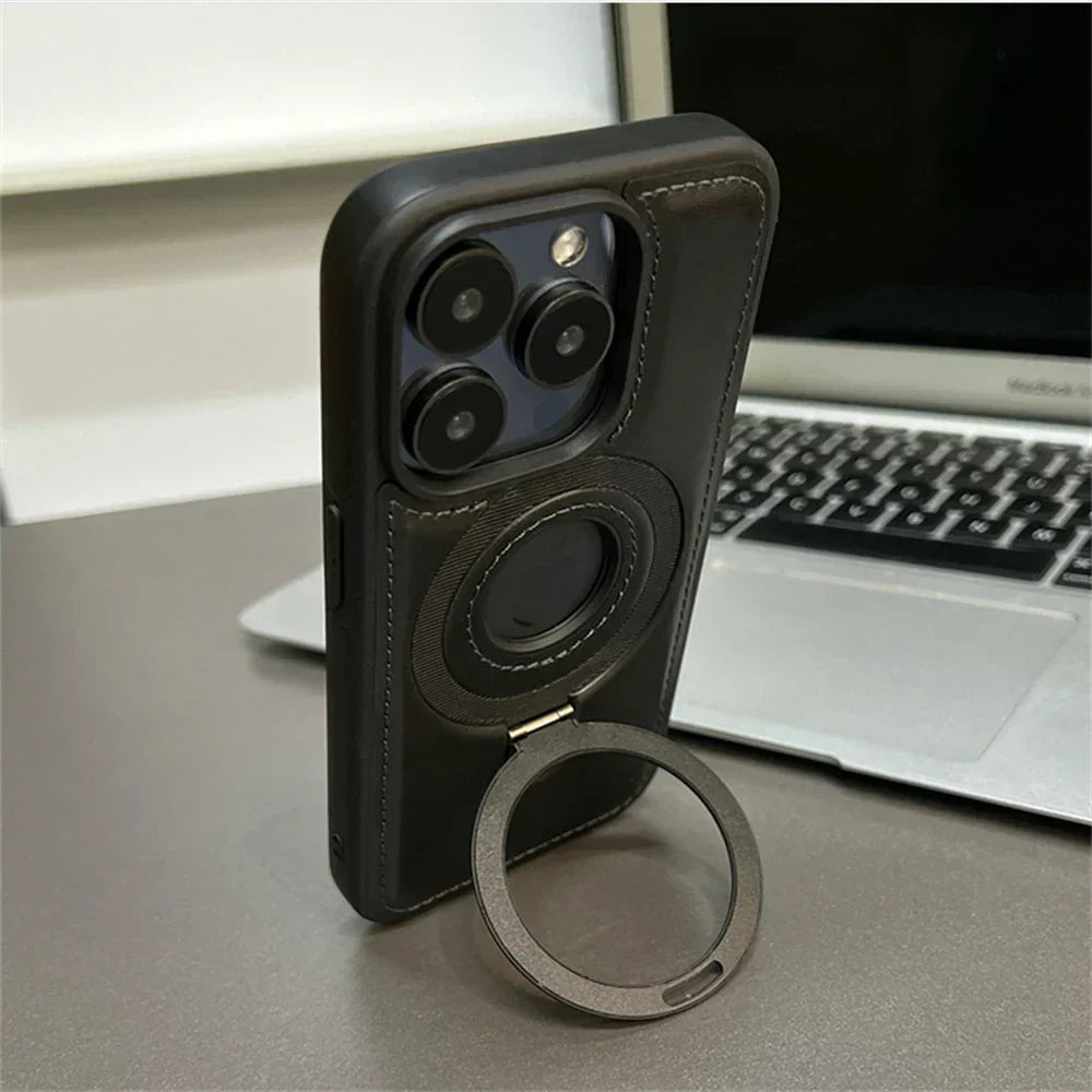 Elegant Leather MagSafe Case with Fold-Out Ring Stand for Enhanced Protection
