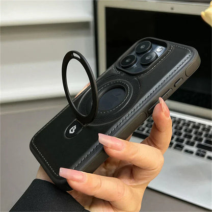 Elegant Leather MagSafe Case with Fold-Out Ring Stand for Enhanced Protection