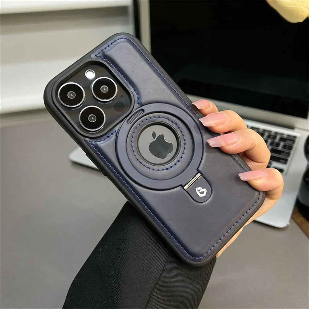 Elegant Leather MagSafe Case with Fold-Out Ring Stand for Enhanced Protection