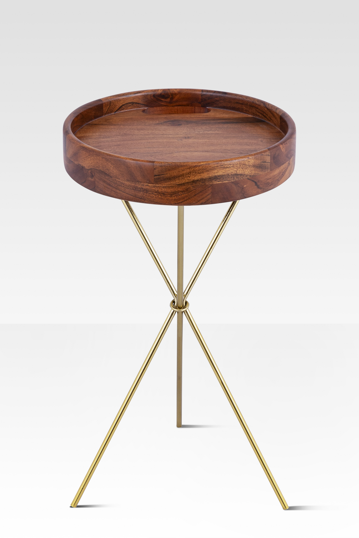 Elegant Mango Wood End Table with Removable Tray and Gold Tripod Base – Stylish Side Table for Living Room, Small Space Solution
