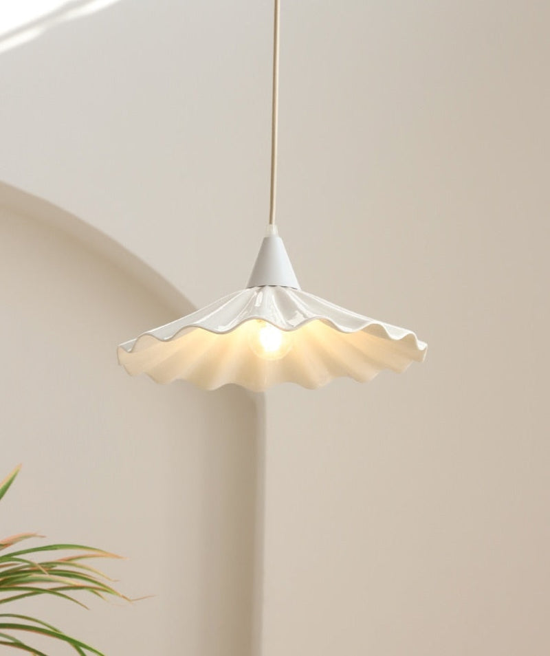 Elegant Pleated Flower Ceramic LED Pendant Light – White Glazed Finish
