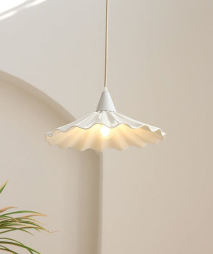 Elegant Pleated Flower Ceramic LED Pendant Light – White Glazed Finish