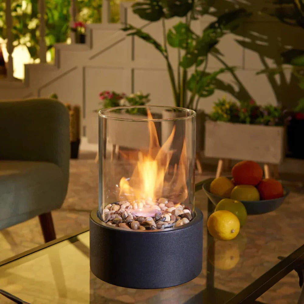 Tabletop Bioethanol Fire Bowl with Tempered Glass Panels – Smokeless Indoor Flame for Dining & Living Rooms