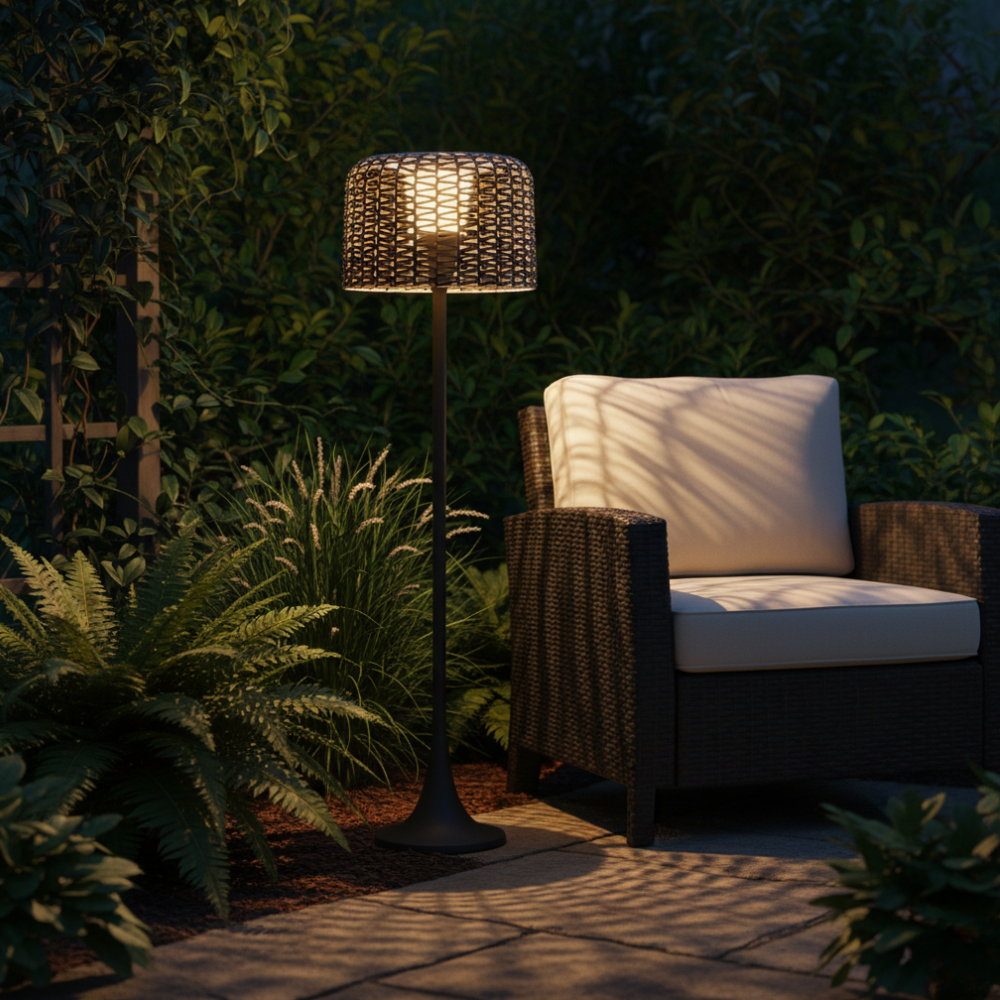 Elegant Solar Outdoor Floor Lamp with Integrated LED & Woven Shade for Ambiance