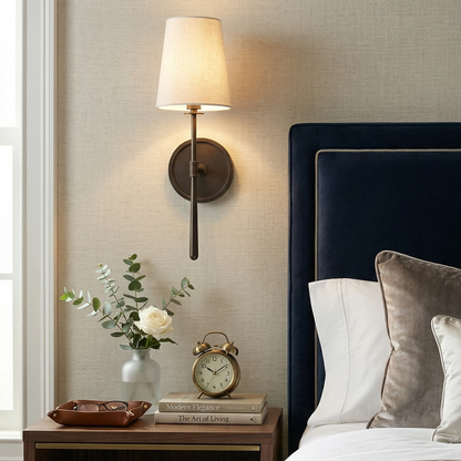 Elegant Wall Sconce with Textured Linen Shade – Aged Brass and Oil Rubbed Bronze Finish, Dimmable Sconce Light for Bathrooms and Modern Spaces