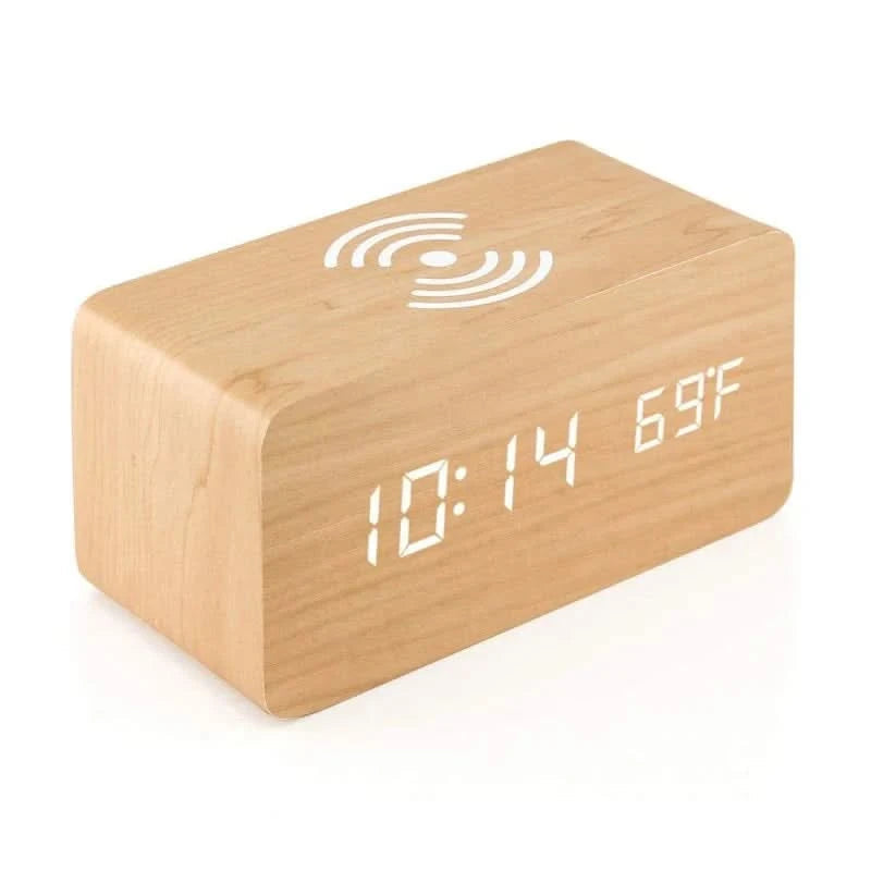 Elegant Wooden Digital Alarm Clock with Wireless Charging & Voice Activation for Effortless Time Management